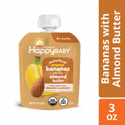 Happy Baby Organics Nutty Blends Banana with Almond Butter Baby Food Pouch Perspective: front