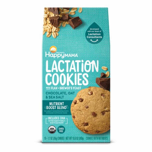 HappyMama® Organic Chocolate, Oak, & Sea Salt Lactation Cookies With Flax & Brewer's Yeast Perspective: front