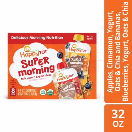 Happy Tot Organics Super Morning Stage 4 Two-Flavor Variety Pack Organic Toddler Food Pouches Perspective: front