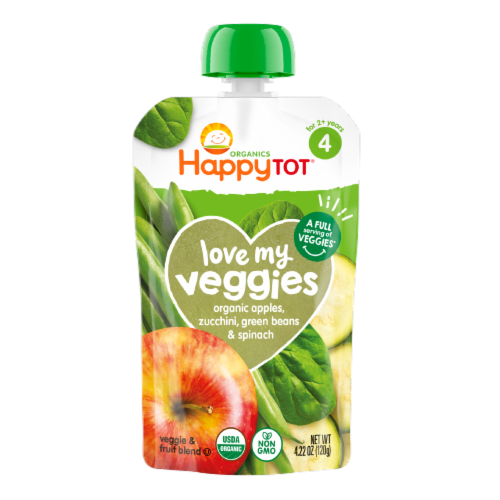 Happy Tot® Organics Love My Veggies Apples Zucchini Green Beans & Spinach Toddler Food Pouch Perspective: front