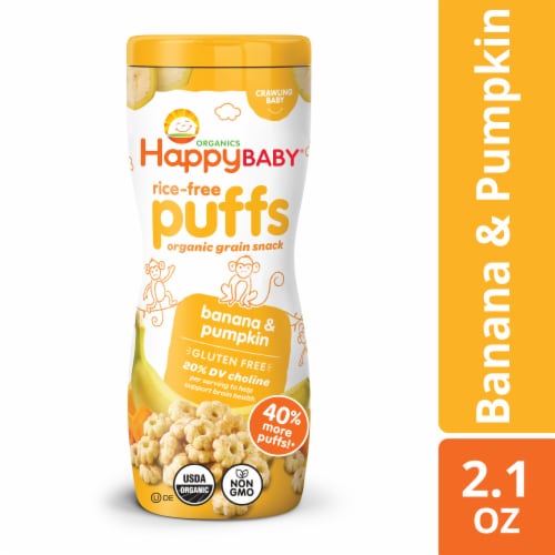 Happy Baby Rice-Free Puffs - Banana & Pumpkin Baked Grain Snack Canister Perspective: front