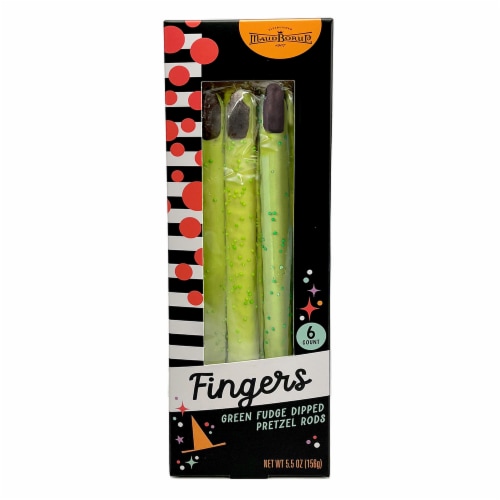 Maud Borup Fingers Green Fudge Dipped Pretzel Rods Perspective: front