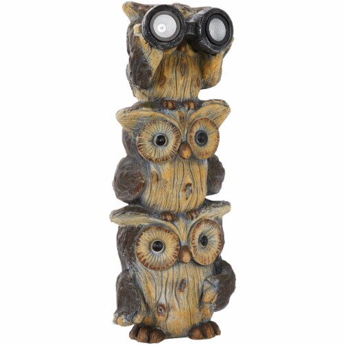 Alpine 25 In. H. Solar 3-Owl Statue with LED Binoculars QWR1064SLR Perspective: front