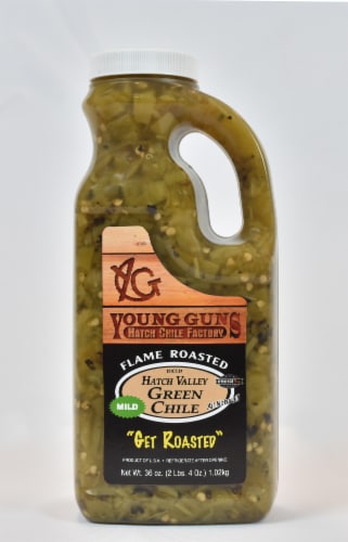 Young Guns Hatch Chile Factory Flame Roasted Mild Diced Green Chile Peppers Perspective: front