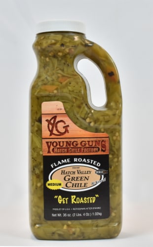 Young Guns Hatch Chile Factory Flame Roasted Medium Diced Green Chile Peppers Perspective: front