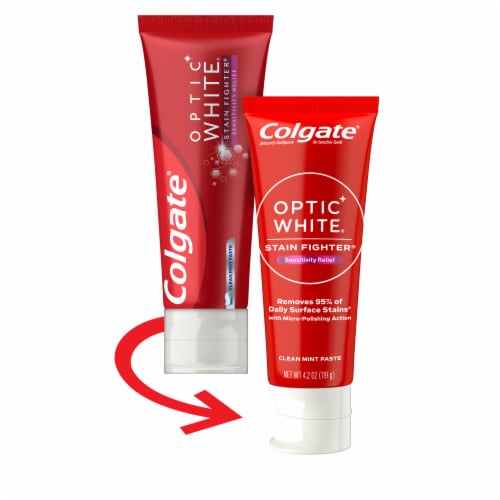 Colgate Optic White Whitening Toothpaste Stain Fighter Sensitivity Relief in Clean Mint Paste Perspective: front