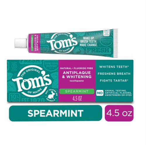 Tom’s of Maine Toothpaste Fluoride Free with Antiplaque & Whitening Spearmint Flavor Perspective: front