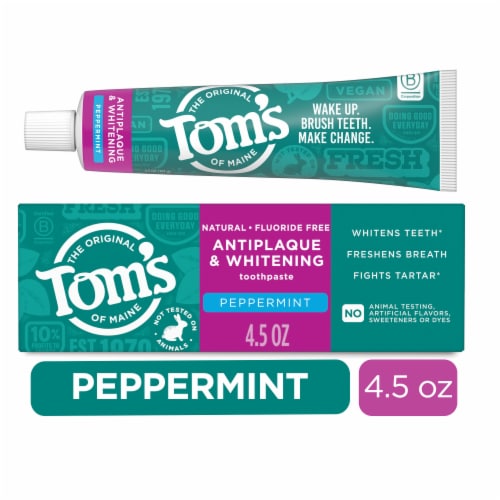 Tom’s of Maine Toothpaste Fluoride Free with Antiplaque & Whitening Peppermint Flavor Perspective: front