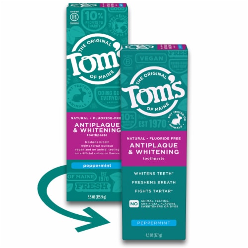 Tom’s of Maine Toothpaste Fluoride Free with Antiplaque & Whitening Peppermint Flavor Perspective: front