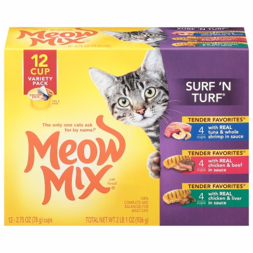 Meow Mix® Surf 'N Turf Variety Pack Cat Food Cups 2.75 Ounce - 12 Count Perspective: front