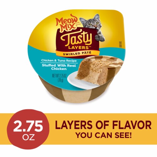 Meow Mix Tasty Layers Swirled Pate Cat Food 2.75 oz Cup Perspective: front