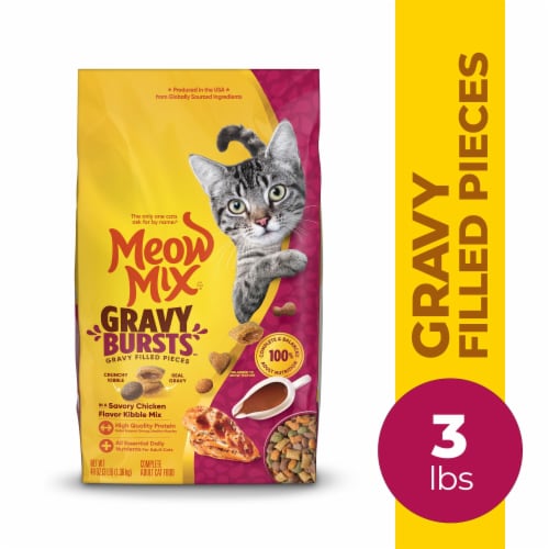 Meow Mix Gravy Bursts Savory Chicken Flavor Mix with Gravy Filled Pieces, Dry Cat Food, 3 Pound Bag Perspective: front