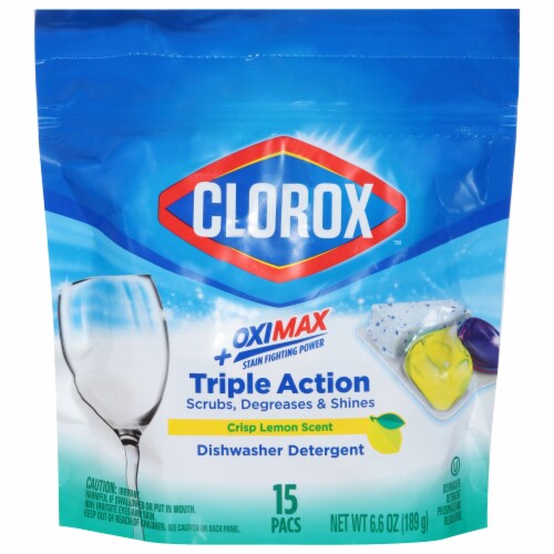 Clorox + Oximax Crisp Lemon Scented Dishwasher Pods Perspective: front