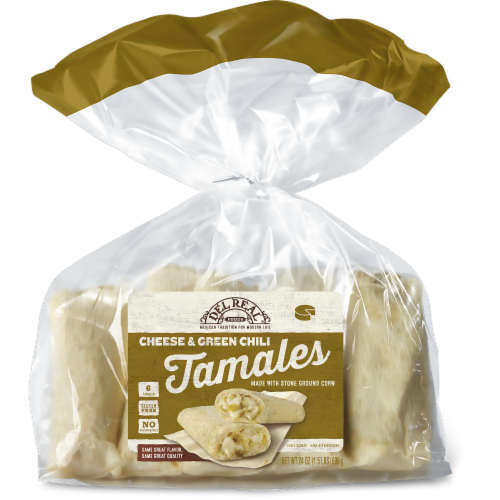 Del Real® Foods Cheese & Green Chile Tamales 6 Count Perspective: front