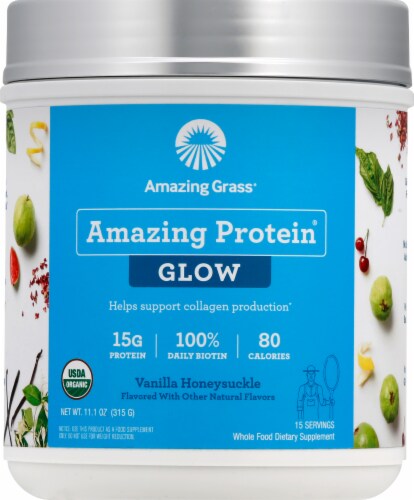 Amazing Grass GLOW Vegan Collagen Support and Vanilla Honeysuckle Plant Based Protein Powder Perspective: front