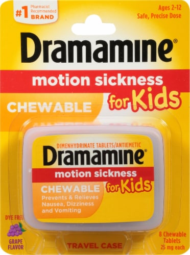 Dramamine Motion Sickness Relief for Kids Grape Flavor Chewable Tablets Perspective: front