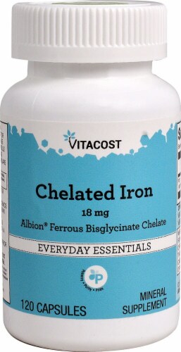 Vitacost Chelated Iron Albion Ferrous Bisglycinate Chelate Capsules 18mg Perspective: front