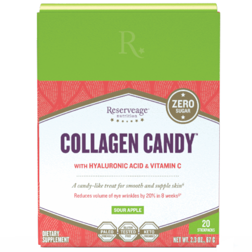 Reserveage Nutrition Sour Apple Collagen Candy Dietary Supplement Sticks Perspective: front