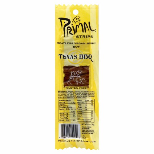 Primal Strips Meatless Vegan Jerky Soy Texas BBQ Perspective: front