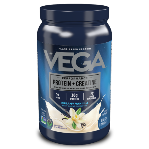 Vega Plant-Based Performance Protein + Creatine Creamy Vanilla - 1 lb 6 oz (624 g) Perspective: front