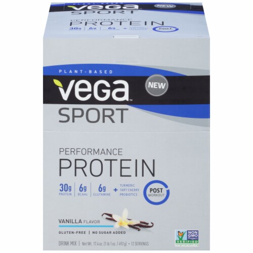 Vega Sport Plant-Based Performance Protein Vanilla Drink Mix 12 Count Perspective: front