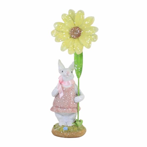Easter Bunny In Pink Dress Figurine Polyresin Glittered Daisy Flower 20372A Perspective: front