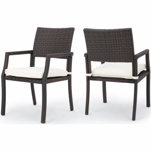 Noble House Rhode Island Wicker Patio Dining Arm Chairin Brown (Set of 2) Perspective: front