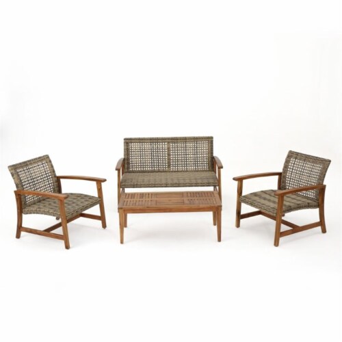 Noble House Hampton 4 Piece Outdoor Wicker Conversation Set in Gray Perspective: front