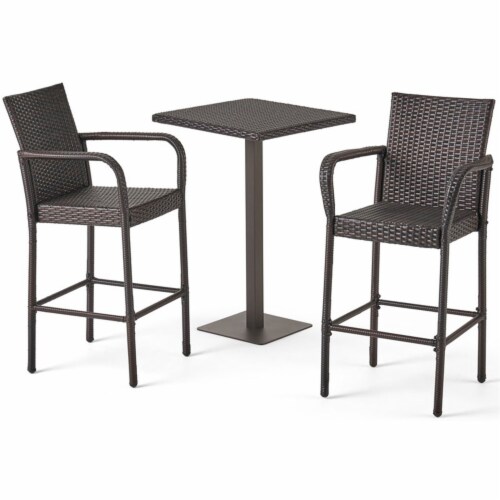 Noble House Lala Outdoor 3-Pc Square 26  Multi Brown Wicker Bar Set Perspective: front