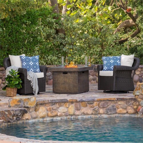 Noble House Avondale Outdoor 3 Pc Brown Rocker Gas Firepit Set