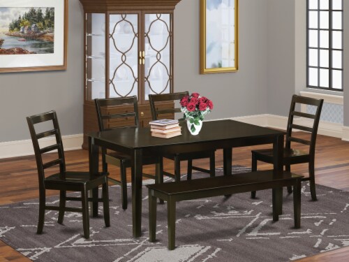 6 Pc Dining set with bench set-Dining Table and 4 Dining Chairs and Bench Perspective: front