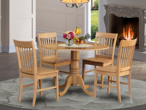 DLNO5-OAK-W 5 Pc small Kitchen Table set-round Table and 4 Dining Chairs. Perspective: front