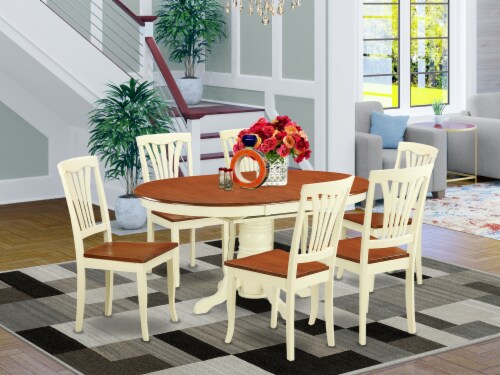 East West Furniture Avon 7-piece Wood Dinette Set in Buttermilk/Cherry Perspective: front