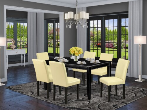 7Pc 60 Inch Table & Six Parson Chair With Black Leg & Pu Leather Color Eggnog Perspective: front