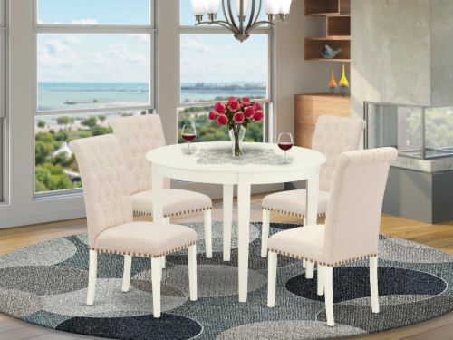 5Pc Dining Set -Small Round Table & Four Chairs with Light Beige Fabric