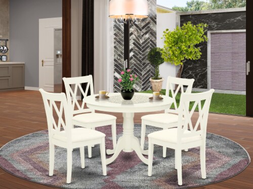 5Pc Dining Set -Round Table & Four Double X Back Linen Seat Chairs, Linen White Perspective: front