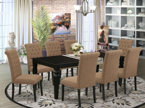 9Pc Dining Set Table with Eight Chairs with Light Sable Fabric