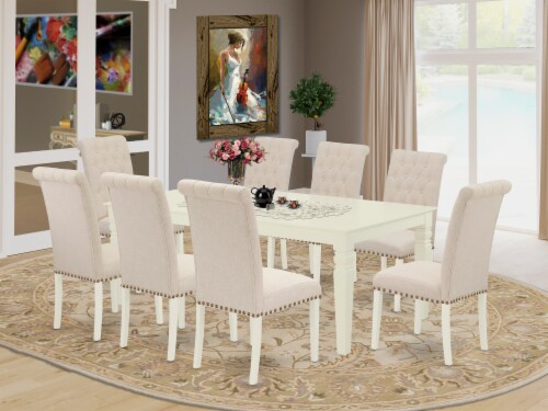 9Pc Dining Set Table with Eight Chairs with Light Beige Fabric