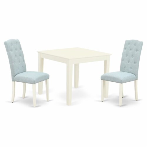 East West Furniture Oxford 3-piece Wood Dining Set in Linen White/Baby Blue Perspective: front