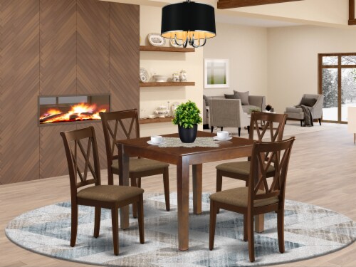 5Pc Dining Set Square Table Four Double X Back Linen seat Chairs Mahogany 1 King Soopers
