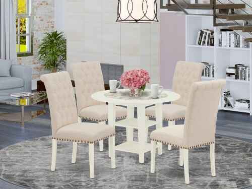 5Pc Dining Set Round table Four Chairs with Light Beige Fabric Linen White 1 Fred Meyer