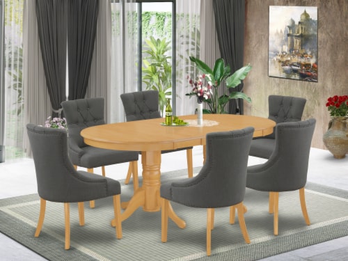 7Pc Dinette Set Oval Table with Six Chairs with Dark Gotham Grey Fabric Oak 1 Fred Meyer