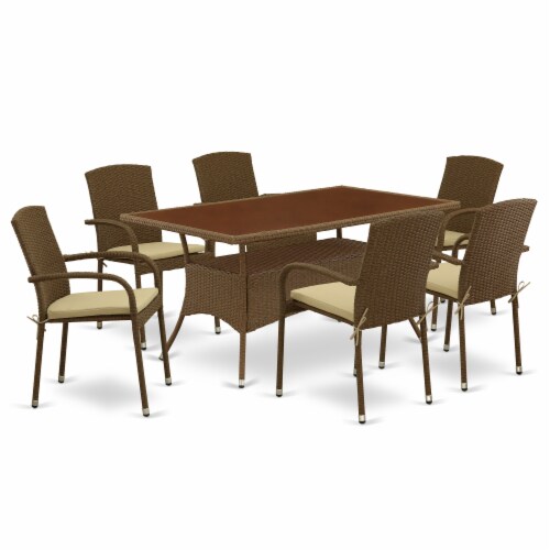 OSJU7-02A 7Pc Outdoor-Furniture Brown Wicker Dining Set Perspective: front