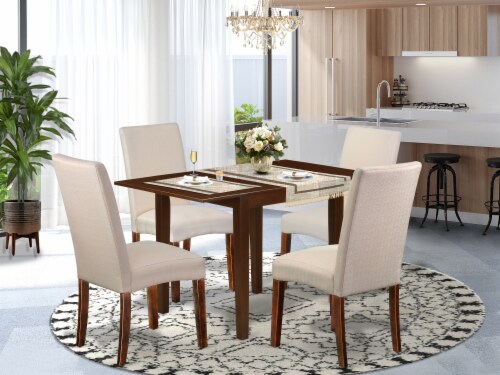 Table Set 5 Pcs 4 Chairs a Table Mahogany Wood Cream Color Linen