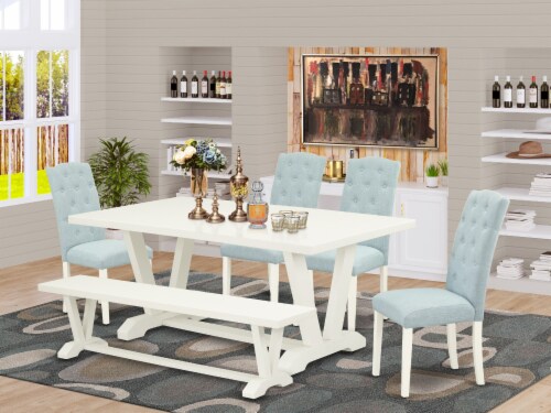 6 Piece Dining Set 4 Chairs Top Wooden Legs Table Wooden Bench Linen White 1 King Soopers