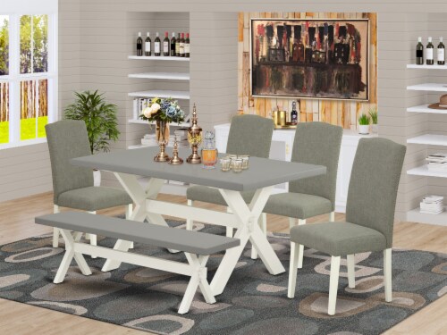 6Pc Table Set a table Top Dining Bench 4 Chairs Linen White 1