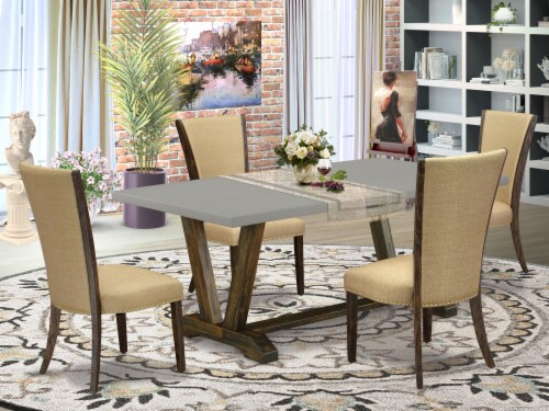 V797VE703-5 5Pc Table set-a table & 4 Chairs with Brown Color Linen Fabric Perspective: front