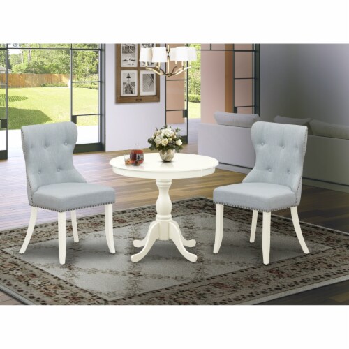 East West Furniture Antique 3-piece Wood Dining Set in Linen White/Baby Blue Perspective: front