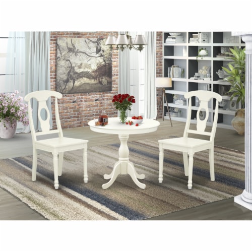 East West Furniture Antique 3-piece Dining Set with Napoleon Back in Linen White Perspective: front