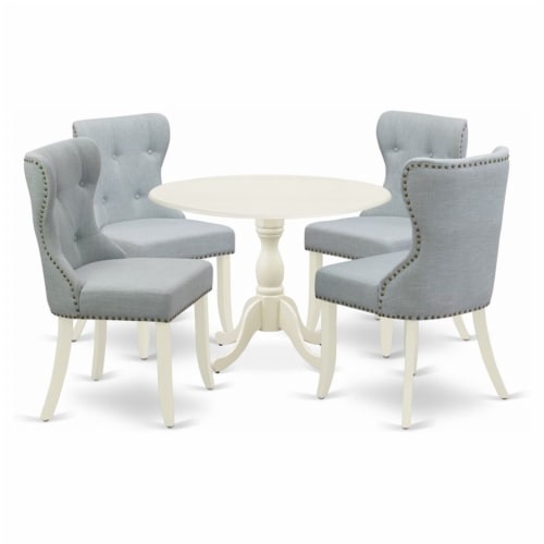 East West Furniture Dublin 5-piece Wood Dining Set in Linen White/Baby Blue Perspective: front